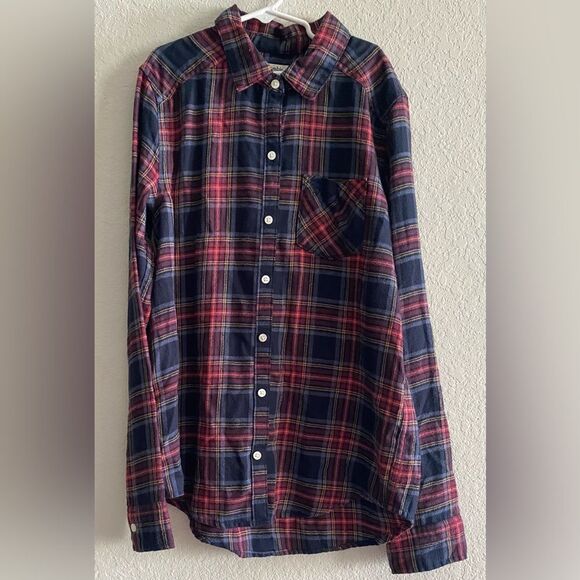 Abercrombie Kids boy Flannel Red Navy Plaid Button Up Long Sleeve Shirt 13/14 - Picture 3 of 7
